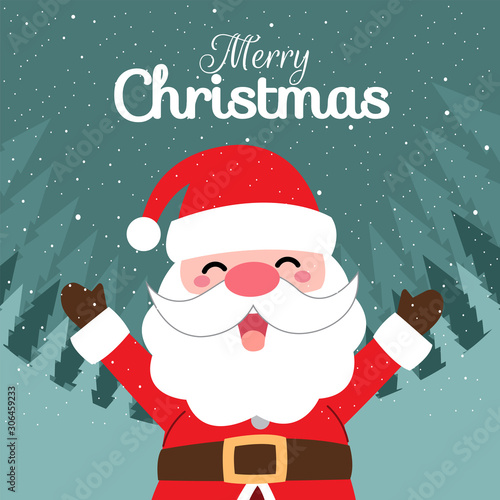 Merry Christmas with Cute Kawaii Hand Drawn Santa Claus With Smiling And Funny Face. Cartoon. Vector. Character. Illustration. Flat Design. Background. Greeting. Invitation. Postcard. Banner. EPS 10 © Hellokuro