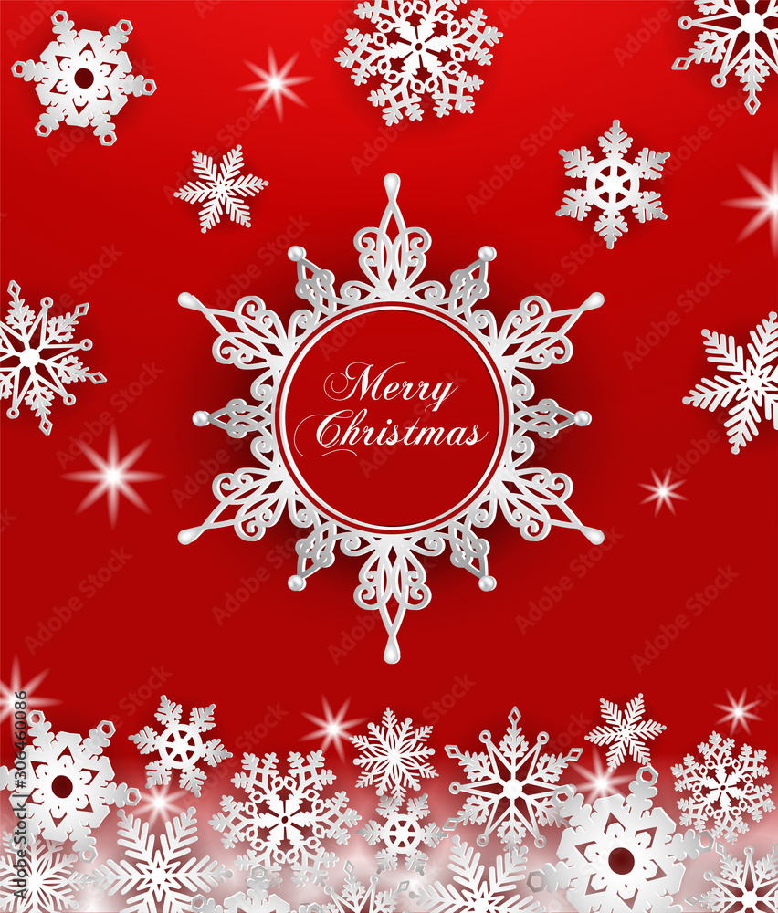 christmas greeting card with snowflakes on red background