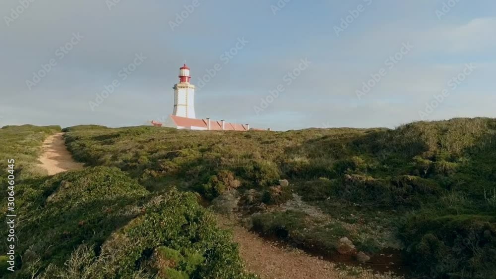 aerial shot towards lighthouse, sesimbra aerial shot towards lighthouse, sesimbra