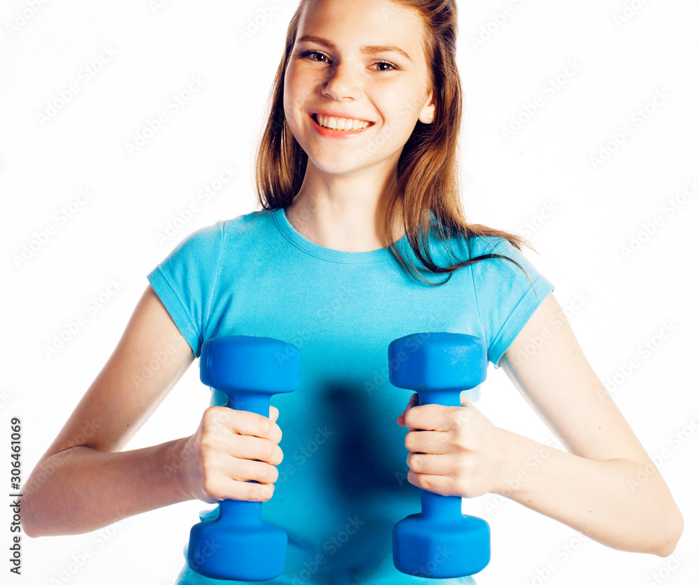 young pretty slim woman with dumbbell isolated on white background, cheerful smiling young pretty slim woman with dumbbell isolated on white background, cheerful smiling