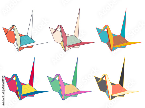 Colorful origami cranes set, vector illustration