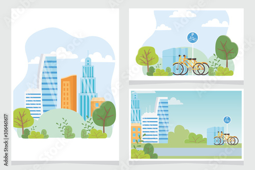 urban ecology parking bicycles city street park trees outdoors cards