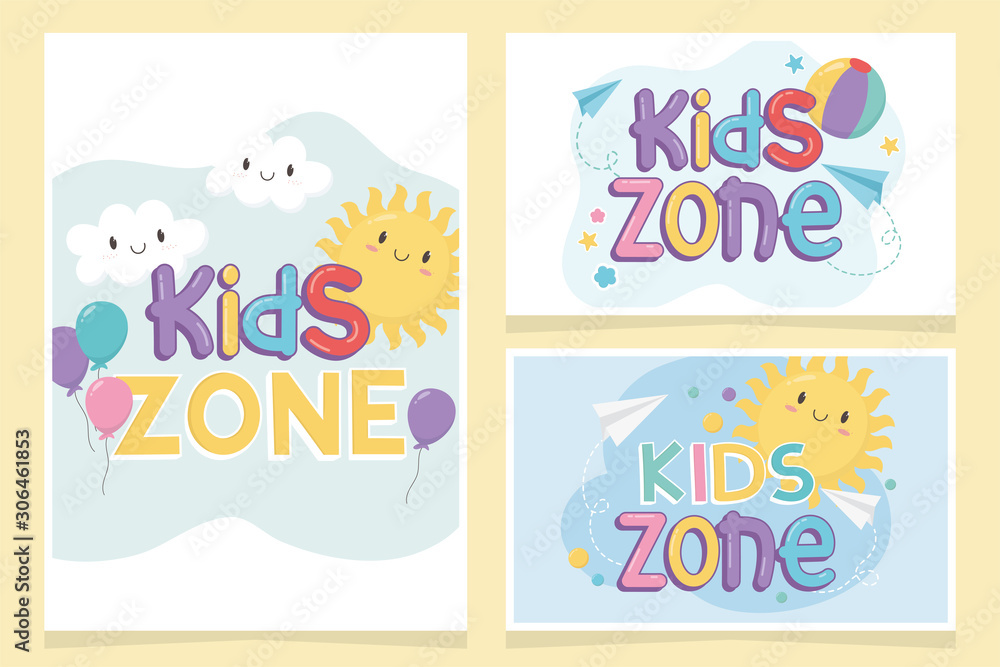 kids zone, colorful sun clouds ball balloons paper plane cards