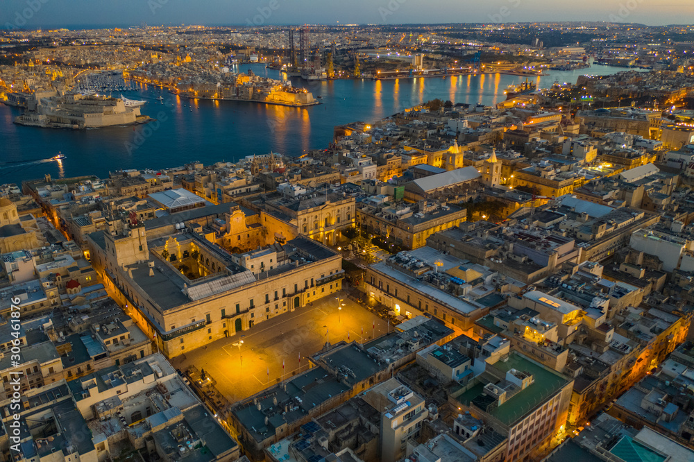 Aerial view of Valletta city - capital of Malta country. Main square, sunset, evening