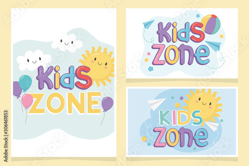 kids zone  colorful sun clouds ball balloons paper plane cards