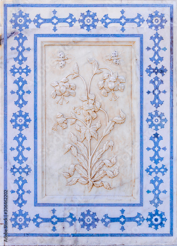 A floral design in marble at the Amber Fort in Rajasthan, India.