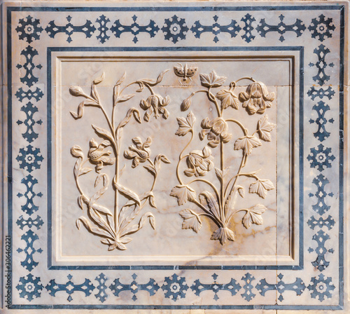 A floral design in marble at the Amber Fort in Rajasthan, India.