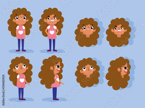 cartoon character animation girl faces with gestures and different posture bodies