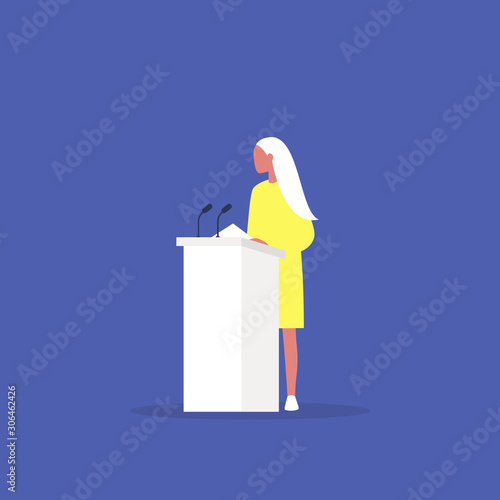 Political debate, young female speaker arguing behind the podium, freedom of speech