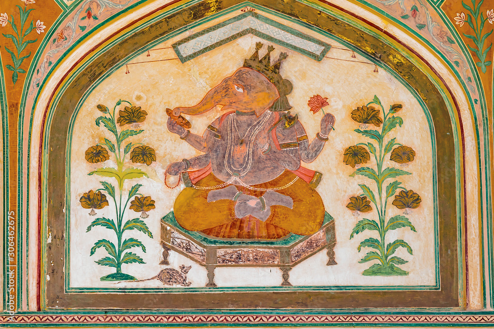 A mural of the Hindu god Ganesh at the Ganesh Pol (Ganesh Gate) at the Amber Palace in Rajasthan, India.