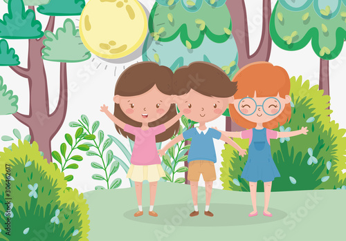 kids zone, cute little boy and girls in the forest
