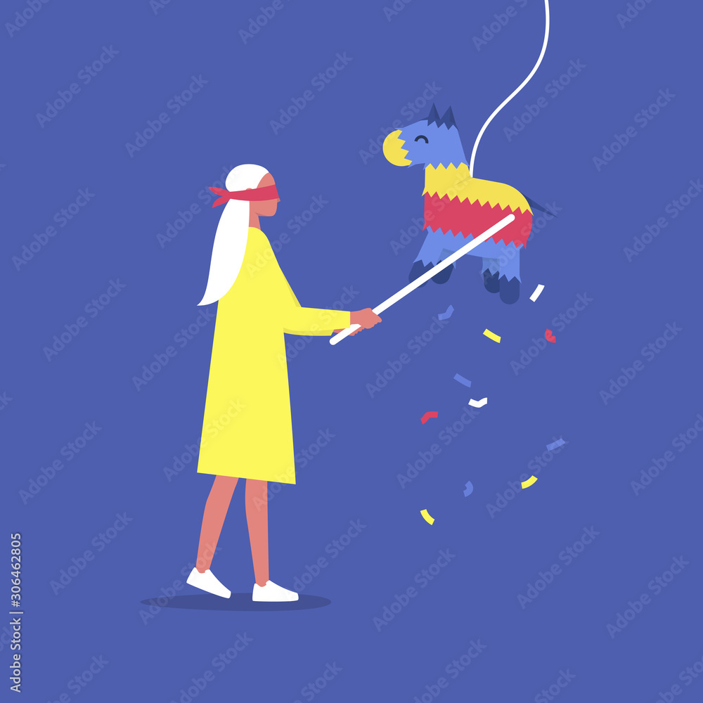 Young blindfolded male character hitting a colourful pinata with a stick, celebration party