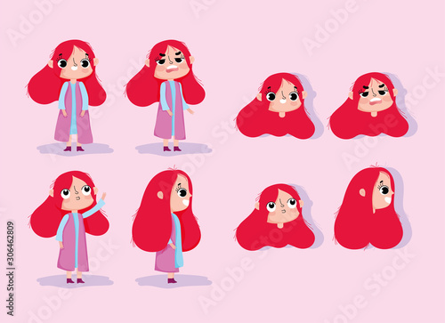 cartoon character animation girl faces with gestures and different posture bodies