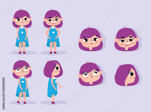 cartoon character animation girl faces with gestures and different posture bodies