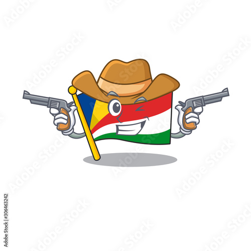 Flag seychelles cartoon character as a Cowboy holding guns