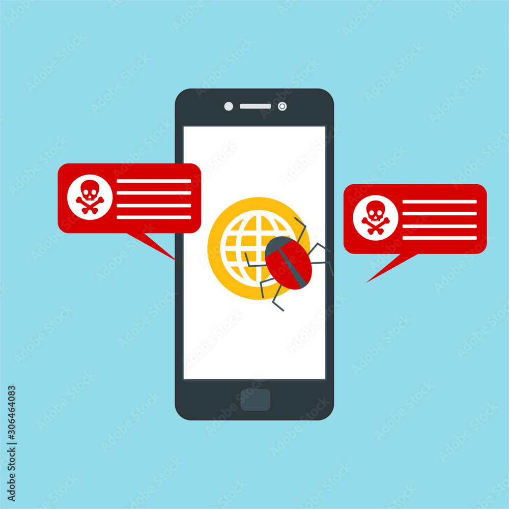Hacking phishing attack. Flat vector illustration of Virus notification on the smartphone and hack protection system for web banners, web sites, printed materials, etc. Hacking phishing attack. Flat vector illustration of Virus notification on the smartphone and hack protection system for web banners, web sites, printed materials, etc.