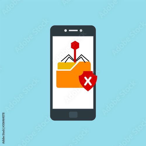 Hacking phishing attack. Flat vector illustration of Virus notification on the smartphone and hack protection system for web banners, web sites, printed materials, etc.