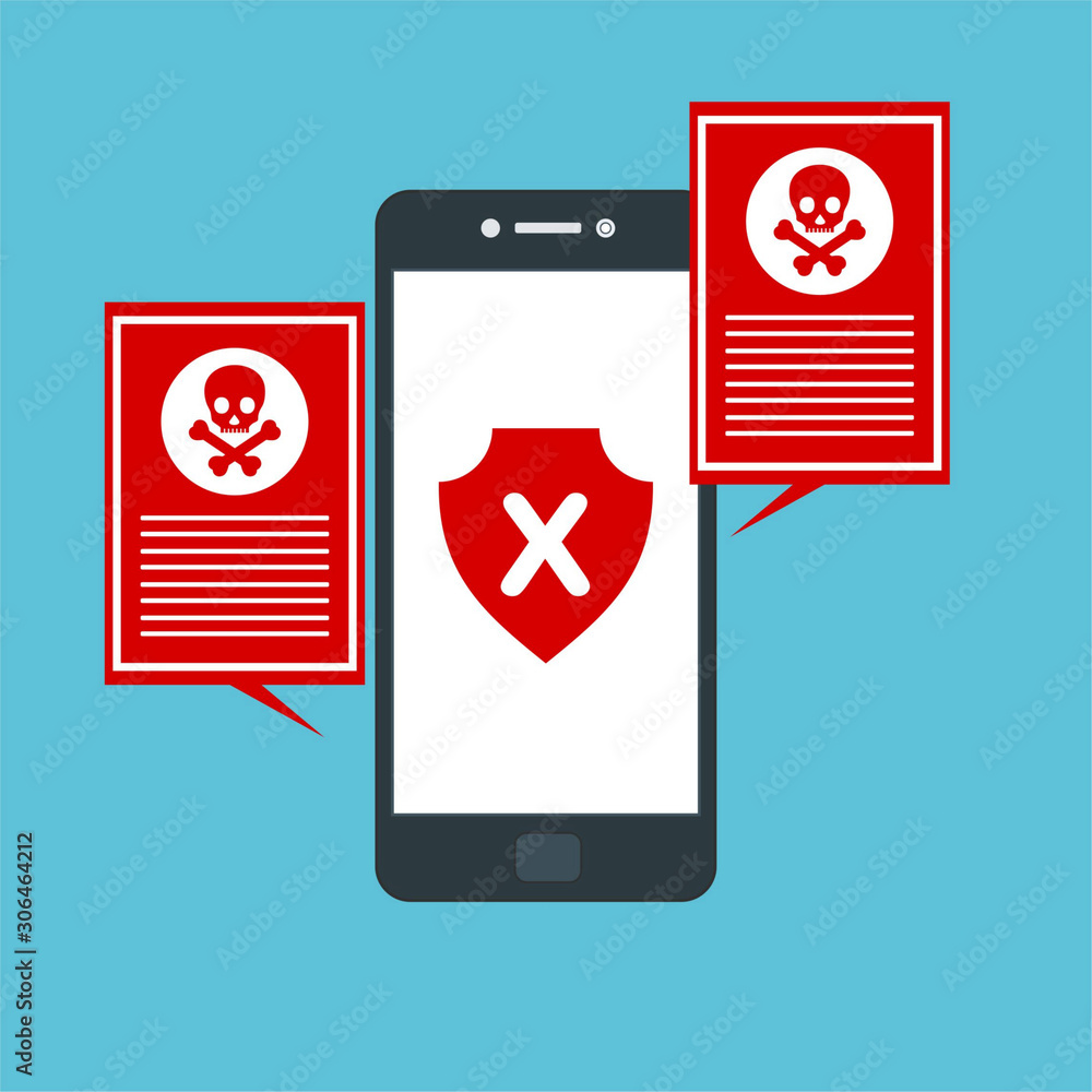 Hacking phishing attack. Flat vector illustration of Virus notification on the smartphone and hack protection system for web banners, web sites, printed materials, etc. Hacking phishing attack. Flat vector illustration of Virus notification on the smartphone and hack protection system for web banners, web sites, printed materials, etc.