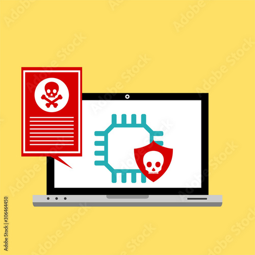 Laptop virus alert. Malware trojan notification on computer screen. Hacker attack and insecure internet connection vector concept. Illustration of internet virus malware