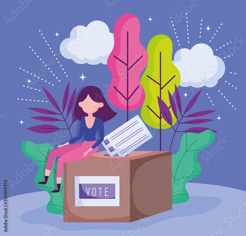 woman sitting on box with ballot politics election democracy voting