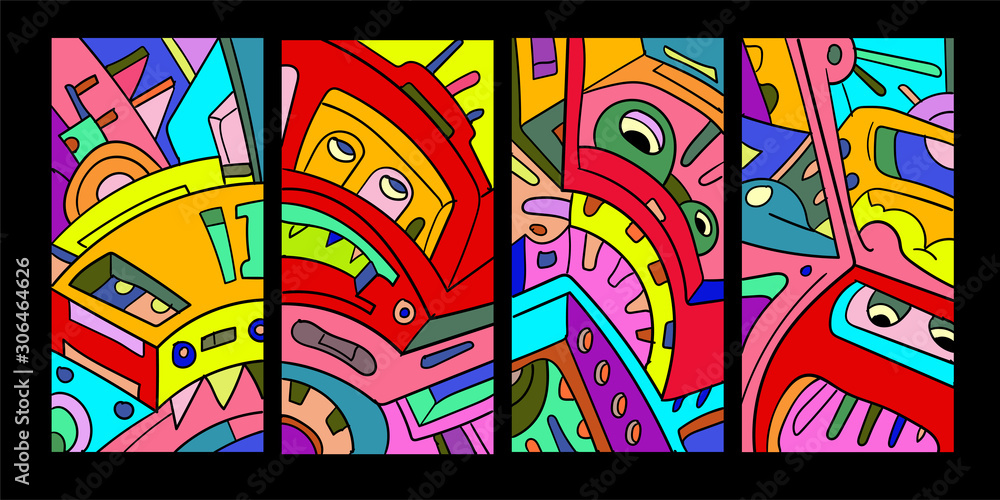 Fototapeta premium Vector abstract cartoon doodle skull, bone, insect, and head colorful illustration. Set of Liquid and fluid abstract tribal tattoo, sticker, banner, social media story, and wallpaper background.