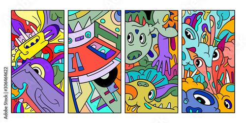 Vector abstract cartoon doodle skull, bone, insect, and head colorful illustration. Set of Liquid and fluid abstract tribal tattoo, sticker, banner, social media story, and wallpaper background.