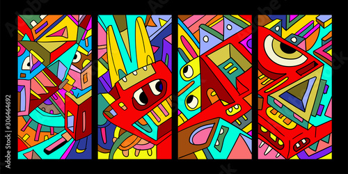 Vector abstract cartoon doodle skull, bone, insect, and head colorful illustration. Set of Liquid and fluid abstract tribal tattoo, sticker, banner, social media story, and wallpaper background.