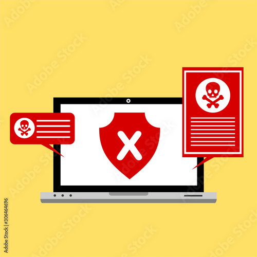 Malware notification on laptop vector illustration, flat style computer with skull bones bubble speech red alert, concept of spam data, fraud internet error, insecure connection, online scam, virus