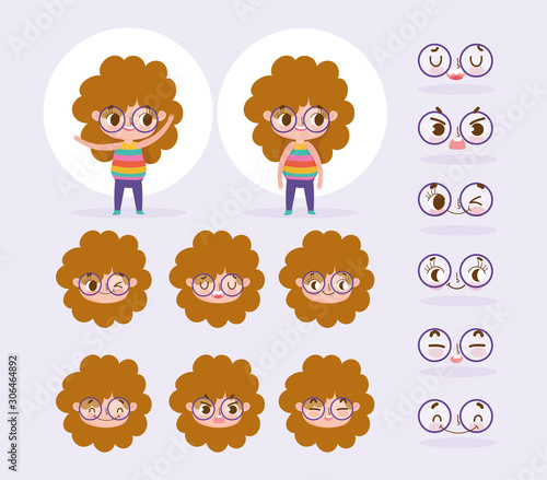 cartoon character animation little girl curly hair with cartoon face emotions and gestures