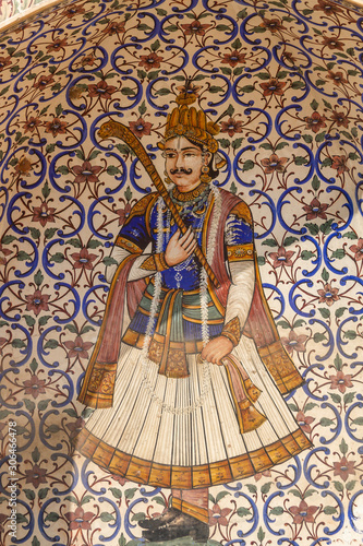 A fresco of a Rajput warrior at the Palace School Gate in Jaipur, India.