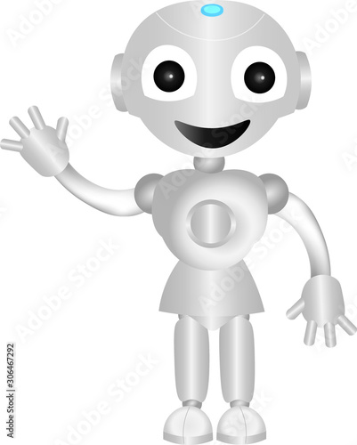 3d style illustration of a robot logo mascot says hello smile