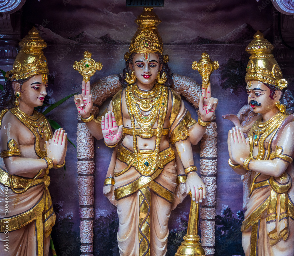 Colourful statues of Hindu religious deities in Hindu temple in Singapore	