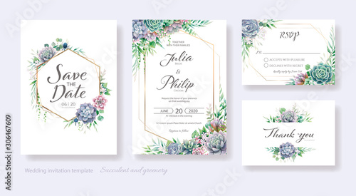 Greenery, succulent and branches Wedding Invitation card, save the date, thank you, rsvp template. Vector.