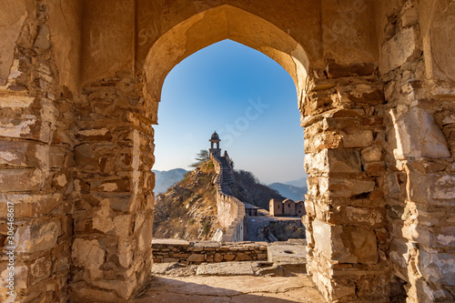 An ancient watchtower overlooking the city of Amer in Rajasthan, India.