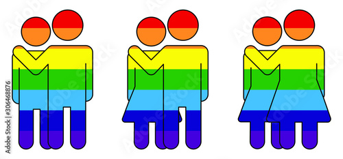 Vector illustration. People icons set. Couples of people taking care. Hugged. LGBT. Stock illustration. Rainbow flag. Pride.
