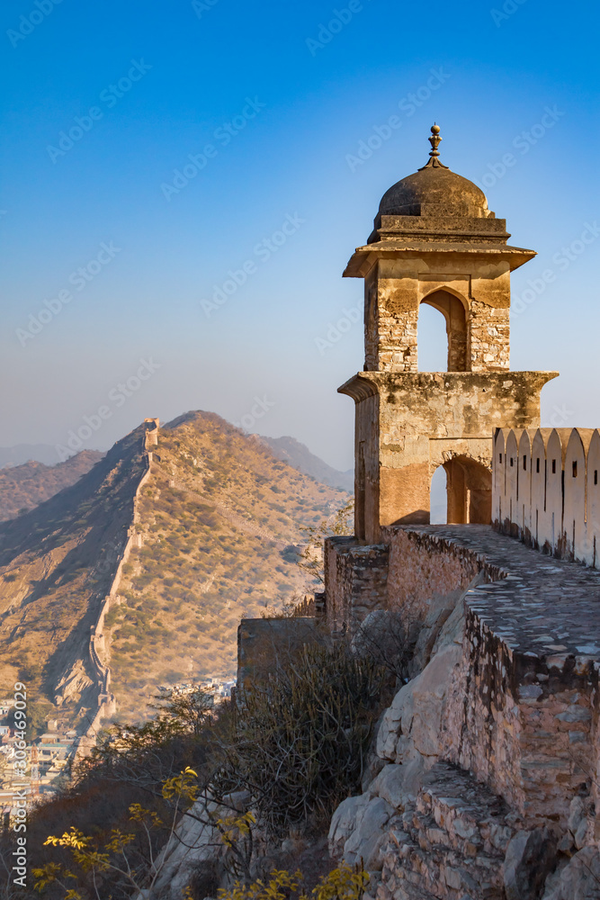 An ancient watchtower overlooking the city of Amer in Rajasthan, India.