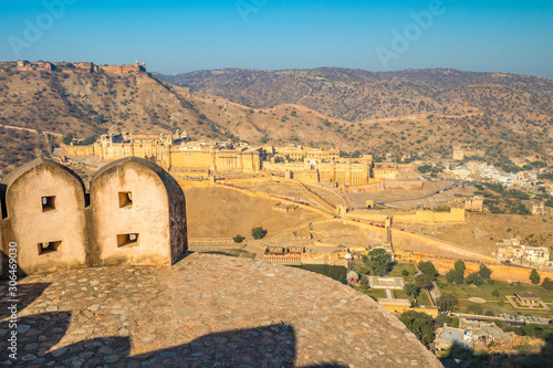 A fortified wall opposite the Amber Fort in Rajasthan, India.