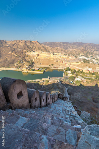 A shot of the Amber Fort taken from an opposite hill.
