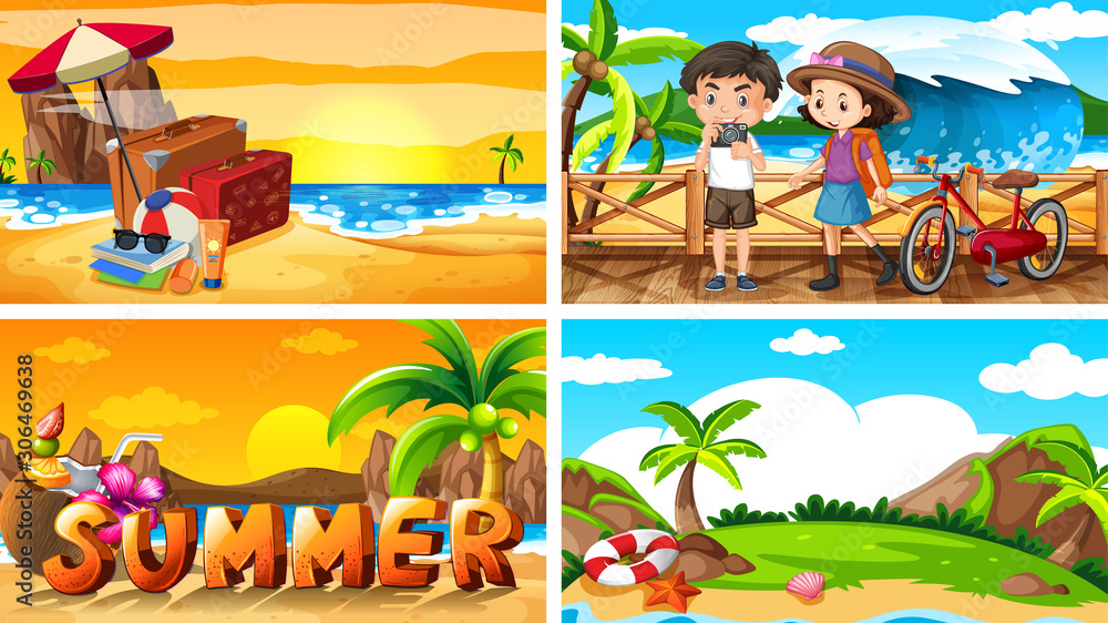 Four background scenes with summer on the beach