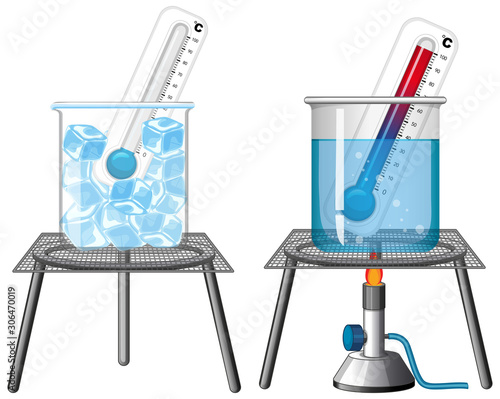 Science experiment with thermometers in ice and hot water