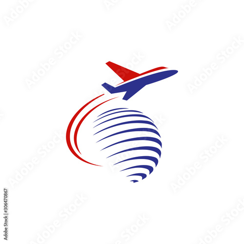 flying aeroplane over the world symbol concept. travel logo design vector illustration