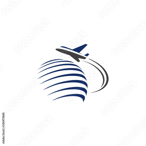 flying aeroplane over the world symbol concept. travel logo design vector illustration