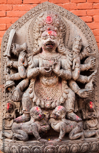 A sculpture of the Hindu god Shiva in his ferocious Bhairava form, in Bhaktapur, Nepal.