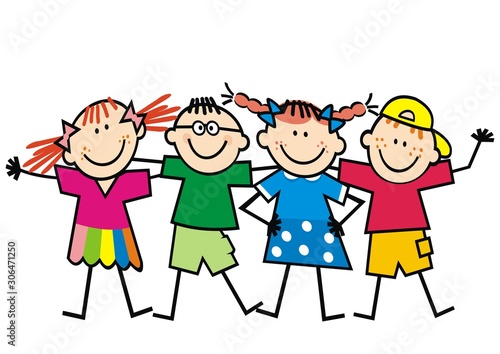 Four happy kids, girls and boys, funny color vector illustration on white background.