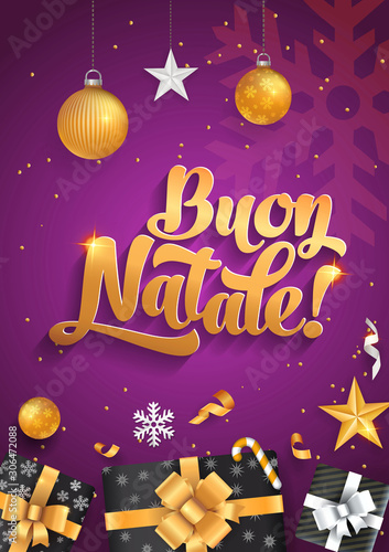 Buon Natale - Merry Christmas in Italian language purple poster template glitter gold elements, snowflakes, stars and calligraphy