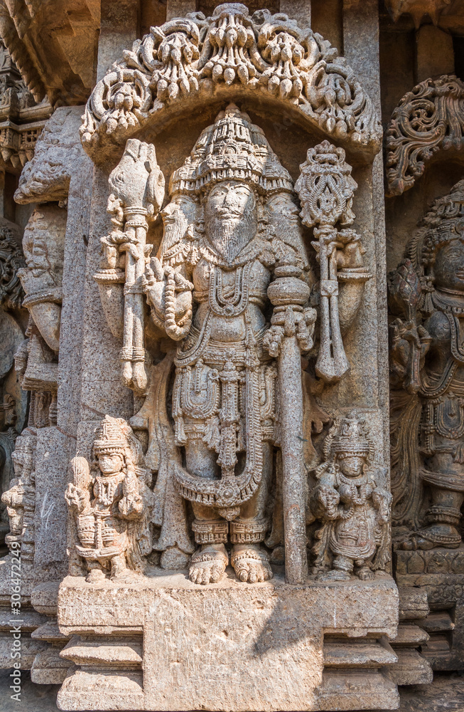 A carving of the Hindu God Brahma at the 13th Century temple of Somanathapur, Karnataka, South India.