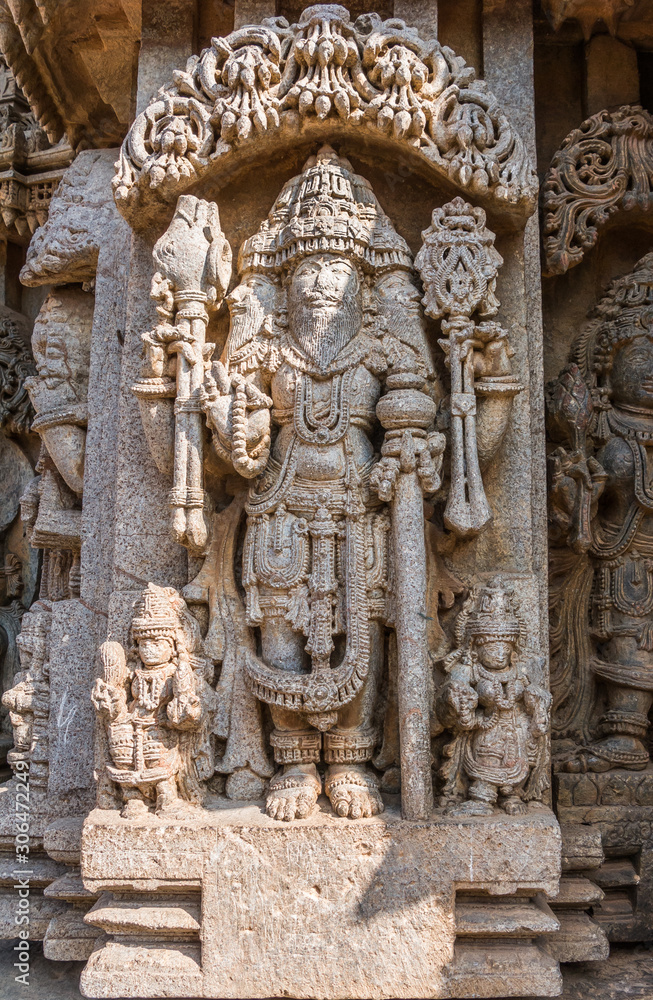 A carving of the Hindu God Brahma at the 13th Century temple of Somanathapur, Karnataka, South India. A carving of the Hindu God Brahma at the 13th Century temple of Somanathapur, Karnataka, South India.