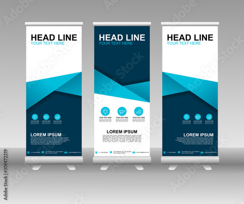 Blue Roll up banner stand. Vertical Vector template design. Modern Flag Banner Design with abstract background can be used for Annual Report, Cover, Flyer, Magazine, Presentation, Poster, Website