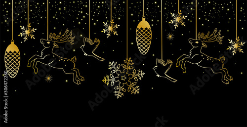 Christmas banner with a gold garland on a black background. Vector graphics.
