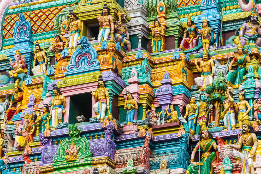 Closeup details on the tower of a Hindu Temple dedicated to Lord Shiva in Colombo, Sri Lanka.